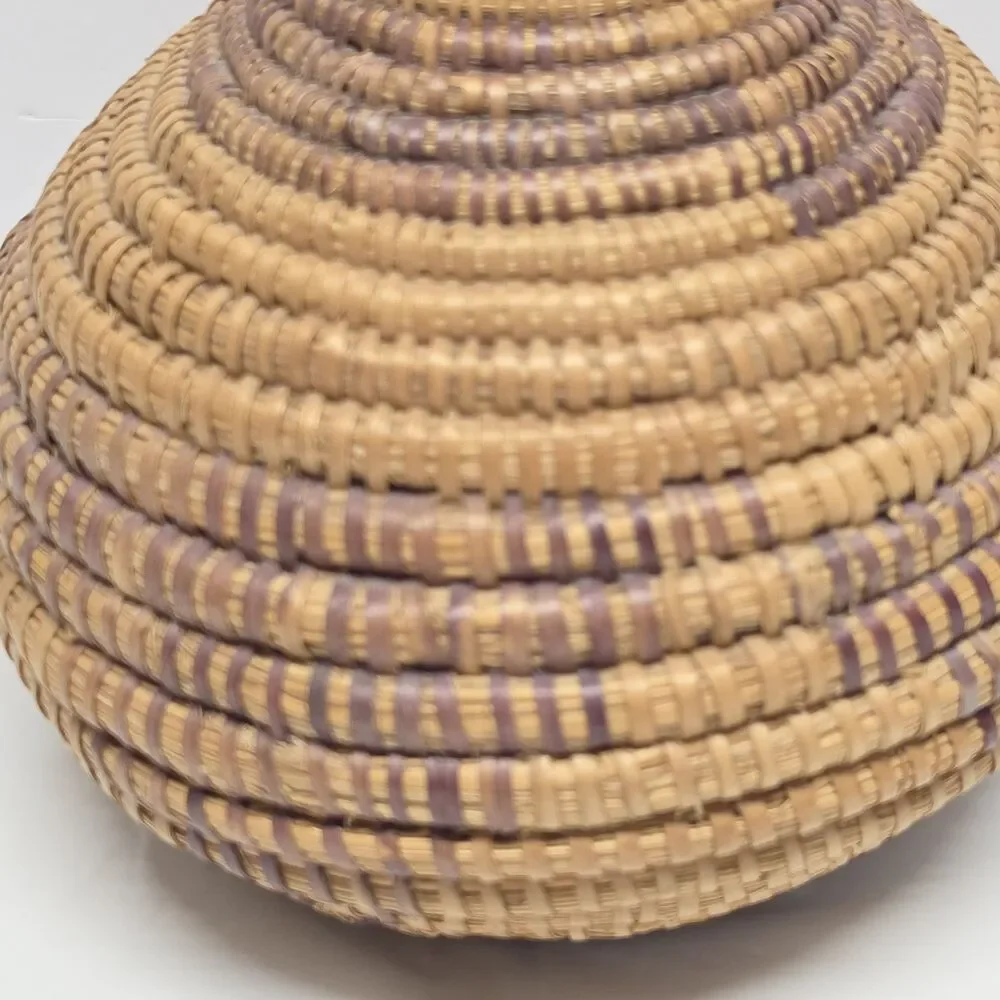 Vintage Eskimo Inuit Native American Lidded Coiled Basket Rue Grass Handwoven